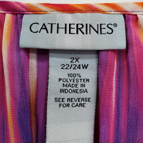 Catherines Womens 2X Sheer Blouse Multicolor Striped Pleated Slit Sleeve Boho - Picture 9 of 13